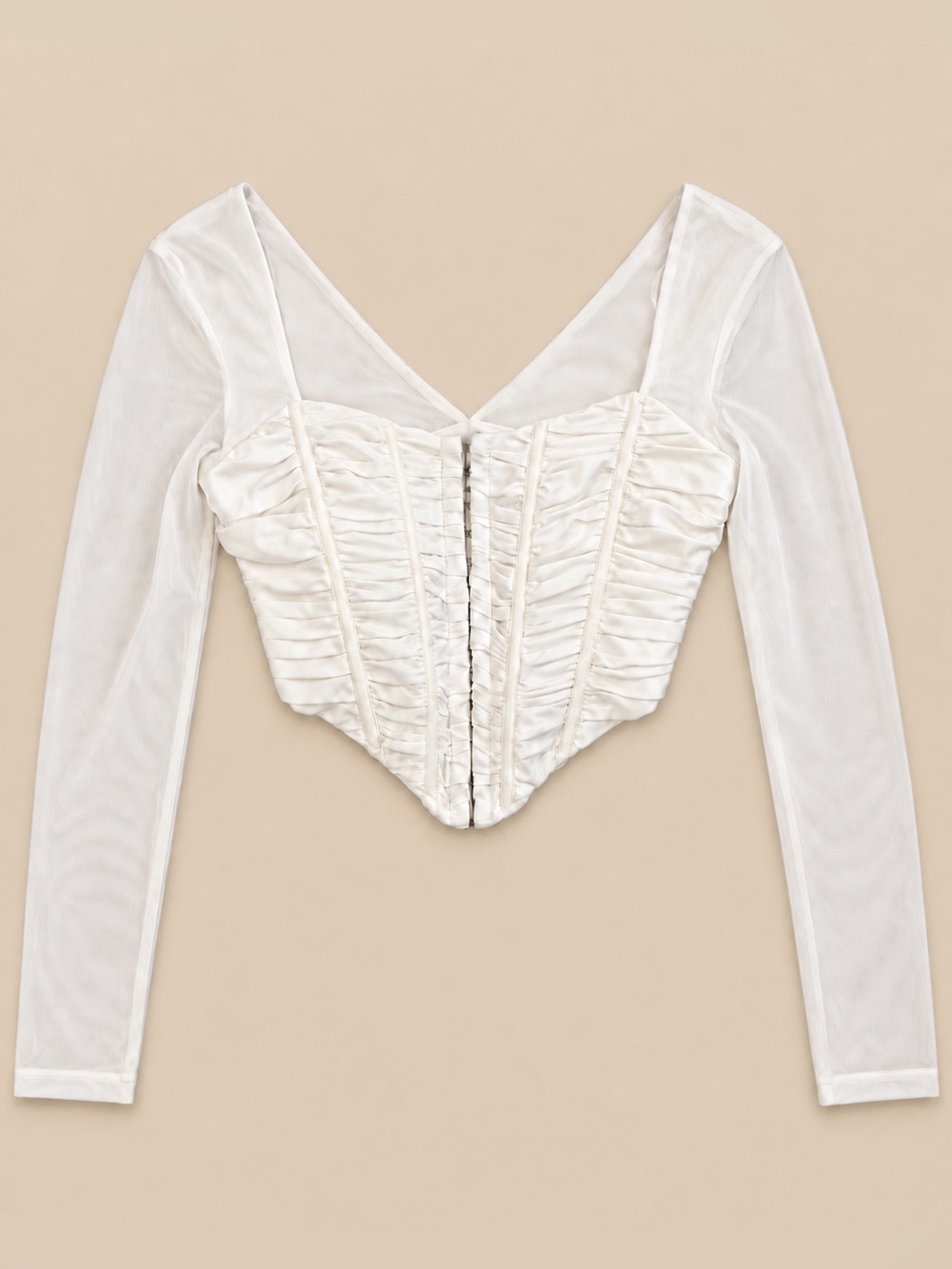 Princess Polly White Ruched Corset Top Sheer Long Sleeve Size US 2
